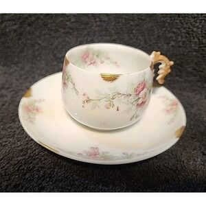Antique Limoges France teacup and saucer set Pink Flower Gold Trim